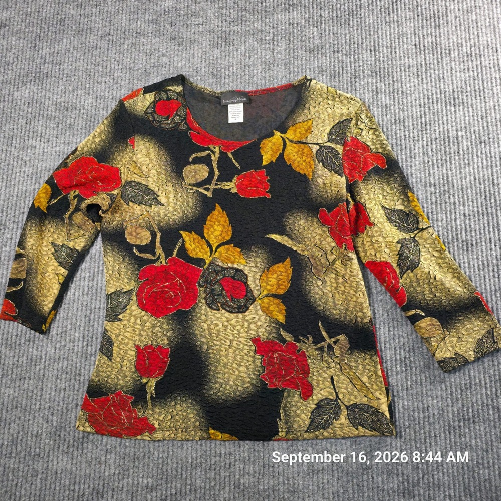 Brittany Blake Womens Rose Leopard Print Popcorn Textured 3/4 Sleeve Top Medium